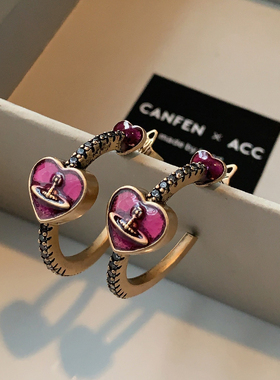 玫红珐琅爱心西太后耳钉2025年新款爆款古铜色耳环轻奢高级感耳饰