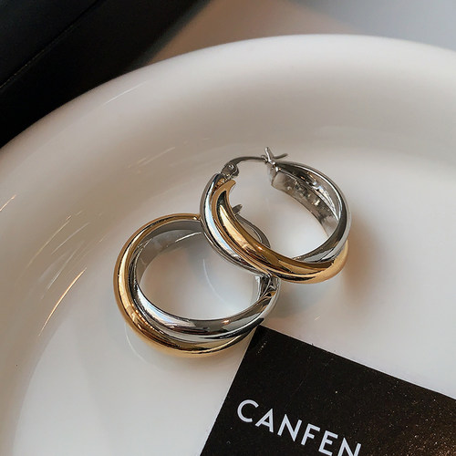 CANFEN金银撞色简约金属朋克耳环
