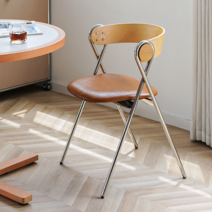 中古实木餐椅不锈钢家用靠背椅复古休闲咖啡厅网红餐厅设计师椅子