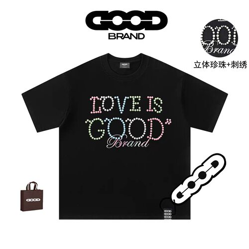 GOOD BRAND旗舰店珍珠立体刺绣短袖男女美式休闲半袖情侣打底上衣