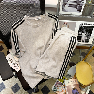 华夫格运动休闲套装 情侣bf潮流条纹宽松短袖 t恤短裤 两件套 男夏季