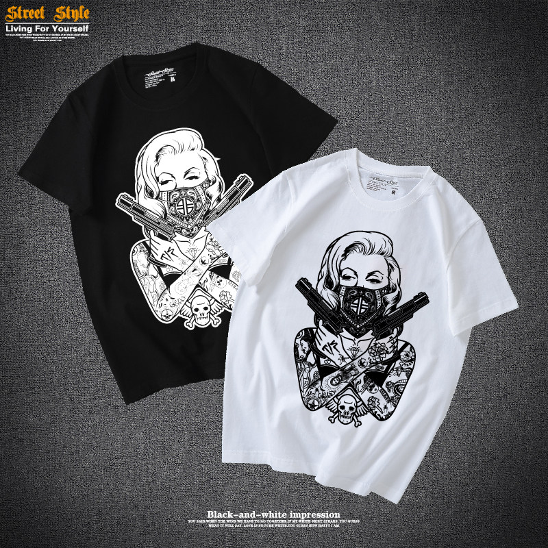 欧美潮牌 原创玛丽莲梦露时尚男t恤 双枪匪帮滑板短袖 纯棉嘻哈潮