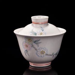 欧阳兆坤静墨斋手工手绘草木灰二才盖碗大容量桃花盖杯茶碗泡茶器