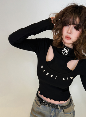 初代美希MEYSIKIM 高弹小心机假两件打底衫女修身长袖t恤黑色上衣