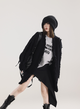 初代美希MEYSIKIM黑色弹力毛衣女装秋冬新款开衫慵懒松弛感毛线衣