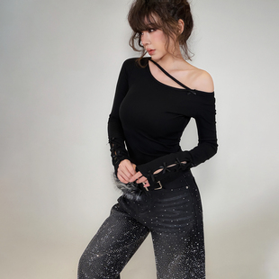 初代美希MEYSIKIM 蝴蝶结抓毛修身打底衫女装白色长袖t恤黑色上衣