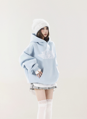 初代美希MEYSIKIM卫衣女款2025新款加厚纯棉微弹印花连帽蓝色上衣