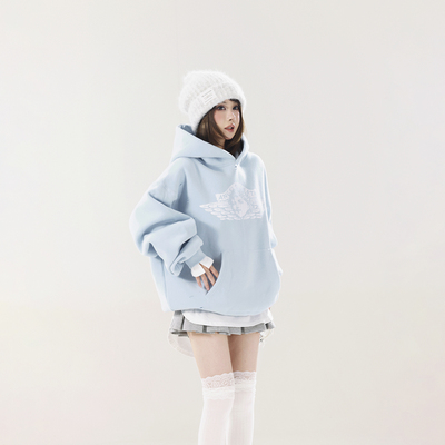 初代美希MEYSIKIM卫衣女款2025新款加厚纯棉微弹印花连帽蓝色上衣