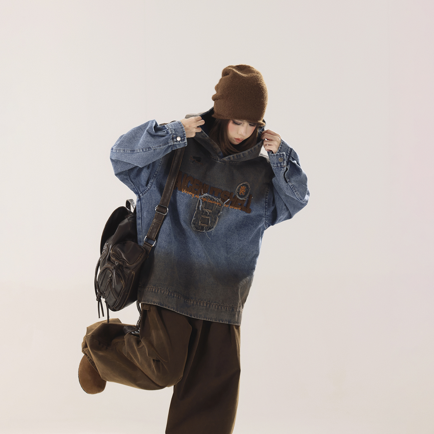 新品 初代美希MEYSIKIM 韩系牛仔外套宽松连帽套头上衣ME0736