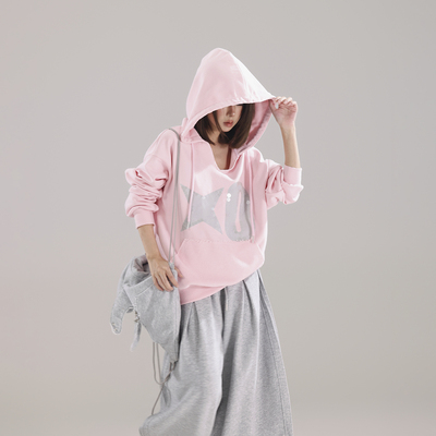 初代美希MEYSIKIM卫衣女2025新款秋季宽松慵懒风连帽印花粉色外套