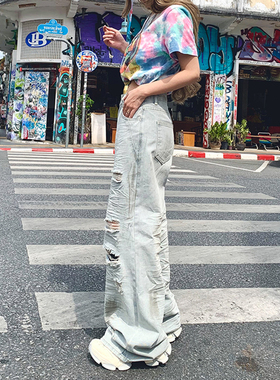 初代美希MEYSIKIM牛仔裤女2025新款夏季薄浅色高腰破洞阔腿牛仔裤