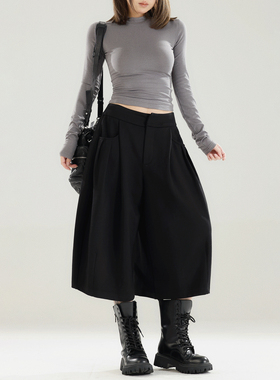 初代美希MEYSIKIM微弹七分休闲裤女秋宽松bf慵懒风阔腿裤黑色裤子