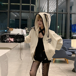 初代美希MEYSIKIM甜酷暗黑萝莉蕾丝边立体兔耳朵宽松连帽卫衣外套