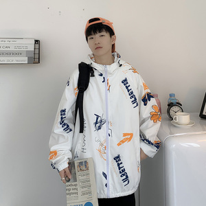 情侣连帽外套男女秋季印花夹克港风中性风模特2J图片