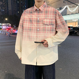 渐变色格子衬衫男士宽松休闲翻领oversize设计感衬衣WY5509-特P58，男装衬衫，电商A076