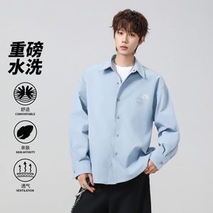 休闲风长袖衬衫男翻领刺绣设计感宽松透气衬衣外套26019-特P68图片
