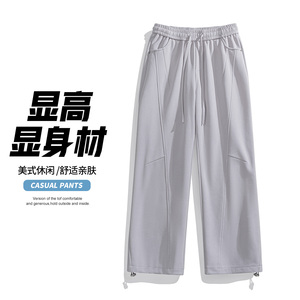 美式复古松紧腰休闲裤男宽松透气直筒长裤抽绳裤子CK26016-特P45,黑白条纹针织背心搭配什么裤子图片