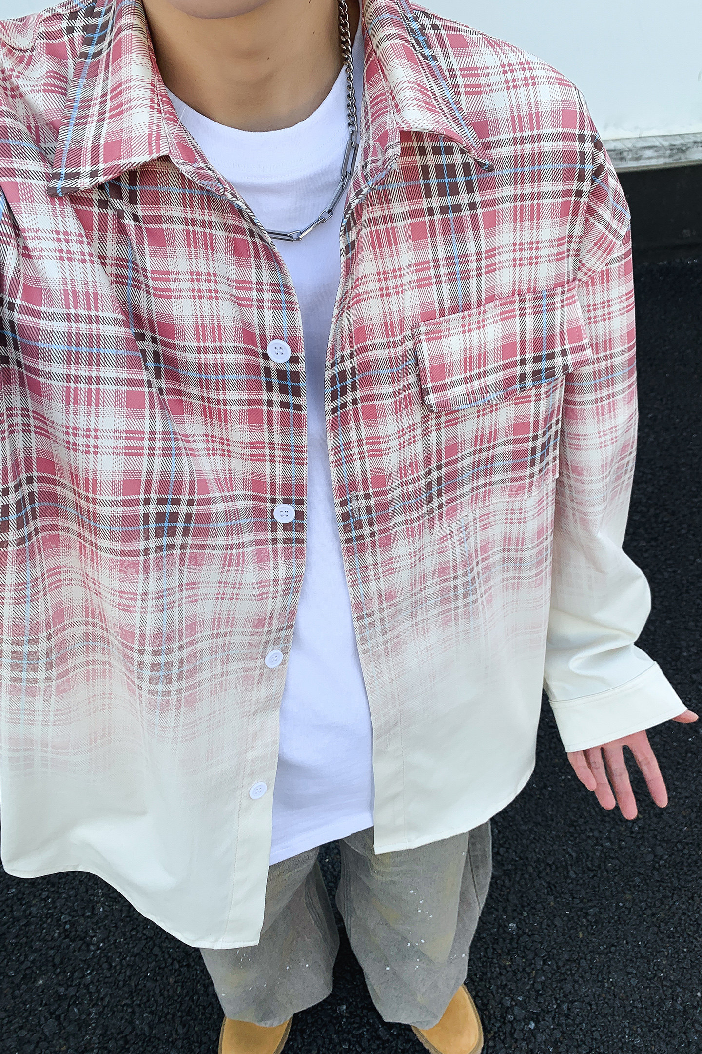 美式格子风渐变衬衫男长袖翻领宽松百搭衬衣外套WY5509-特P58,男装衬衫,电商A076