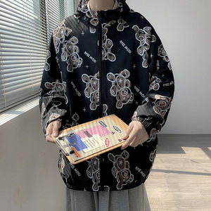 情侣装外套男女秋季印花连帽休闲夹克中性风港风模特13J图片