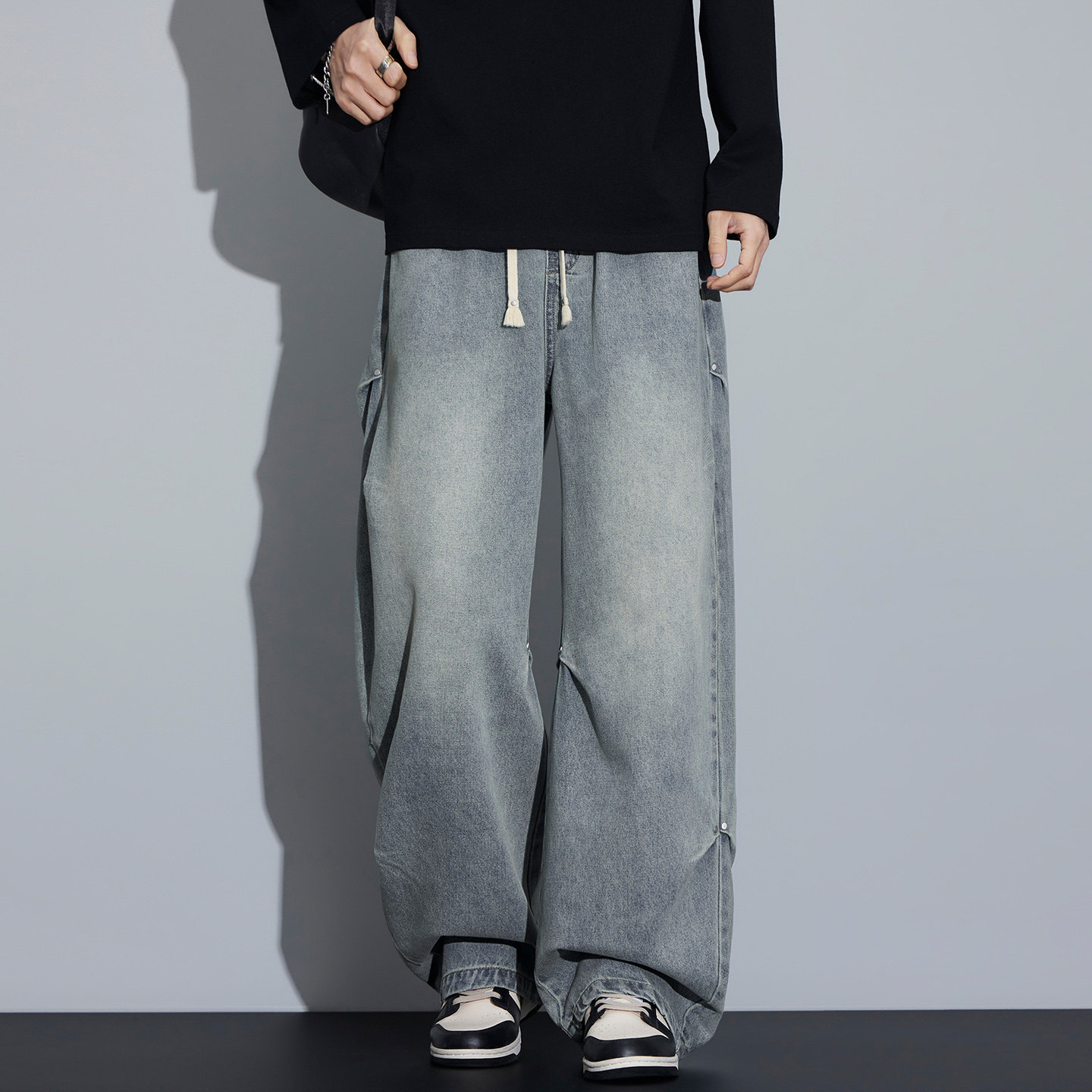 美式风宽松牛仔裤男抽绳水洗阔腿长裤高街风潮流裤子NZ6663-特P55，男装牛仔裤，电商A076