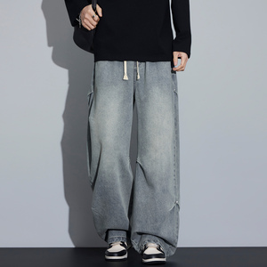 美式风宽松牛仔裤男抽绳水洗阔腿长裤高街风潮流裤子NZ6663-特P55，男装牛仔裤，电商A076