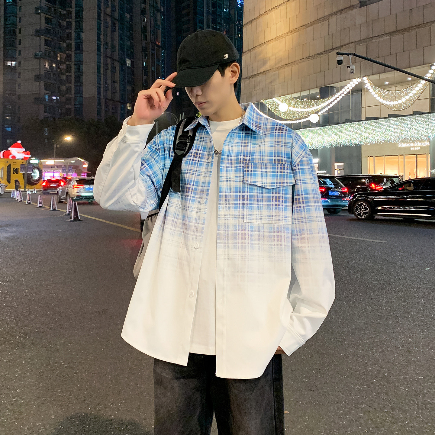 渐变色格子衬衫男士宽松休闲翻领oversize设计感衬衣WY5509-特P58,男装衬衫,电商A076