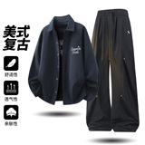 美式复古刺绣衬衫套装男秋季长袖青年两件套装TZ26019-特P110，男装衬衫，电商A076