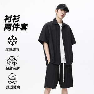 2025夏季新款薄款运动套装男士宽松衬衫短裤无差价TZ2539-特P58图片