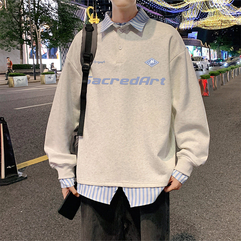 2025春秋季新款假两件长袖T恤男POLO衫条纹衬衫领WY5501A-特P52,男装Polo衫,电商A076