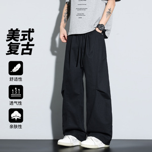 美式复古风黑色阔腿裤男宽松直筒工装裤透气休闲长裤CK图片