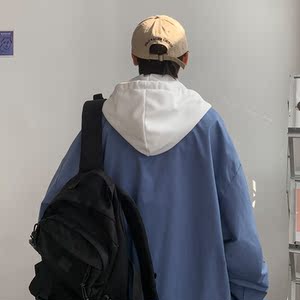假两件连帽工装外套港风中性风宽松夹克ins新款20J图片