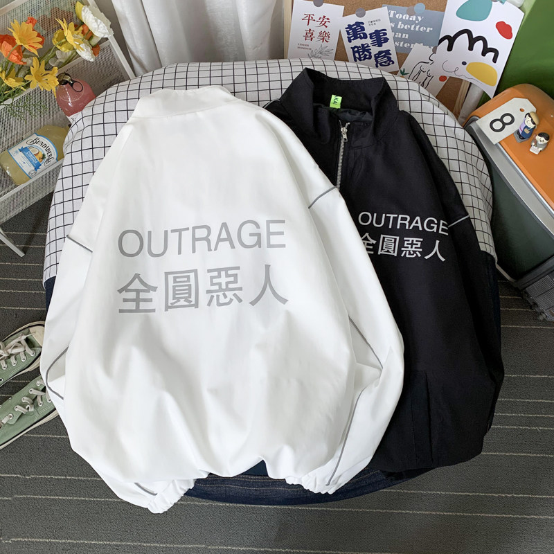 秋季夜光反光印花外套男ins港风潮流宽松大码情侣夹克3J,男装夹克,电商A076