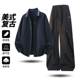 美式复古休闲风衬衫套装男士秋季宽松潮流运动套装TZ26018-特P98，男装衬衫，电商A076