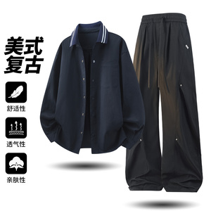 美式复古休闲风衬衫套装男士秋季宽松潮流运动套装TZ26018-特P98图片