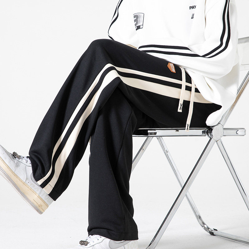 运动风条纹拼接直筒裤男春秋宽松百搭休闲长裤黑色CK271-特P30，男装休闲裤，电商A076
