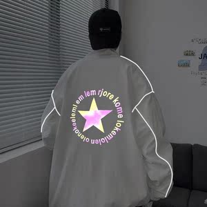 秋季夜光反光外套男港风中性风立领情侣模特夹克宽松8J图片