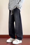 美式复古弯刀牛仔裤男宽松直筒系带水洗黑灰色长裤NZ1233-特P52，男装牛仔裤，电商A076