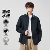 休闲风翻领长袖衬衫男宽松透气水洗蓝色衬衣外套潮流26018-特P55，男装衬衫，电商A076