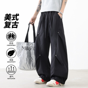 美式复古阔腿裤男宽松透气工装裤黑色抽绳休闲长裤CK26013-特P45