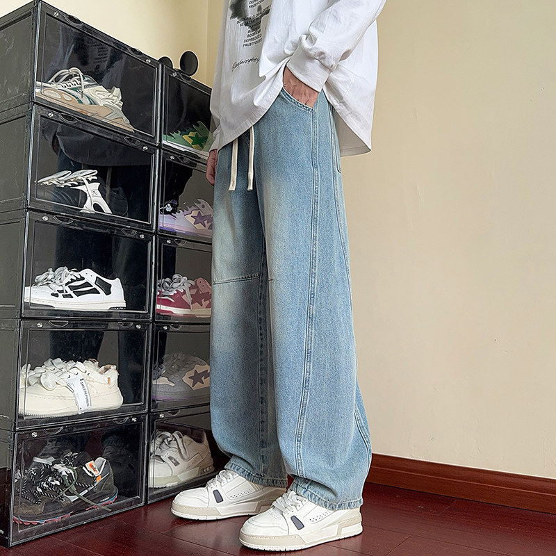 美式复古水洗做旧直筒牛仔裤男士宽松系带阔腿长裤NZ1233-特P52，男装牛仔裤，电商A076