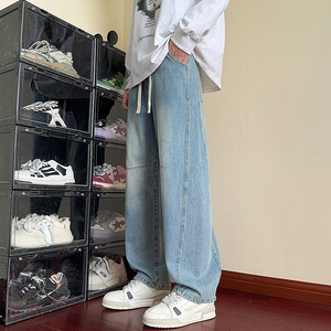 美式复古水洗做旧直筒牛仔裤男士宽松系带阔腿长裤NZ1233-特P52，男装牛仔裤，电商A076