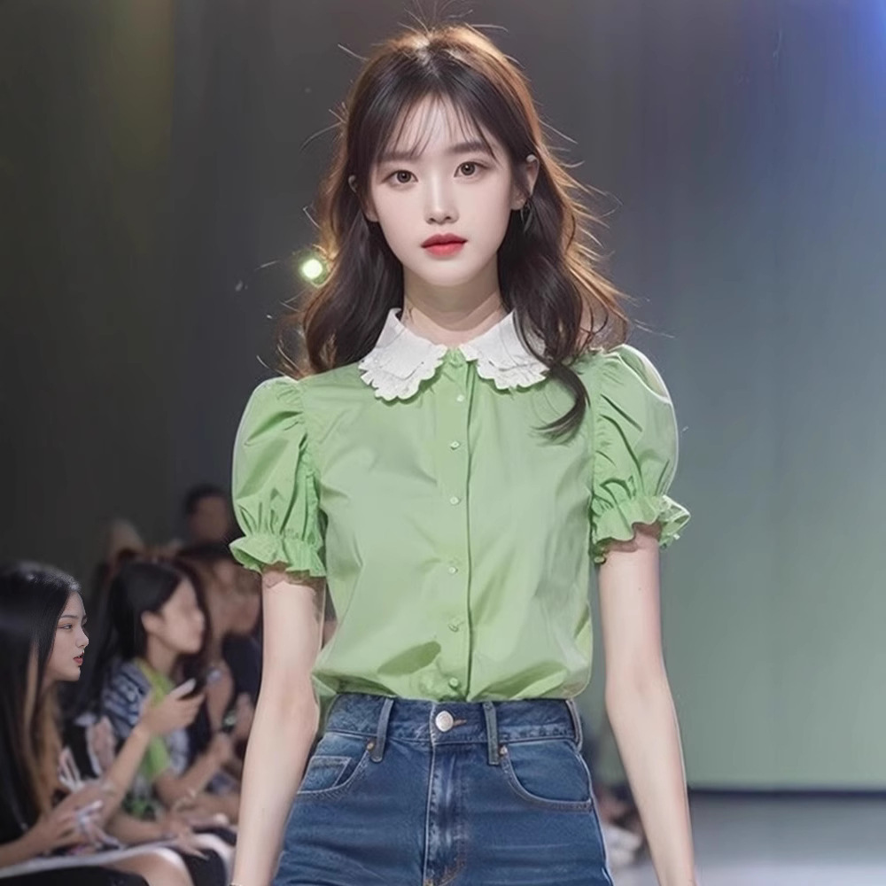 夏季女装2025年新款设计感嫩绿色娃娃领短袖衬衫减龄漂亮小衫