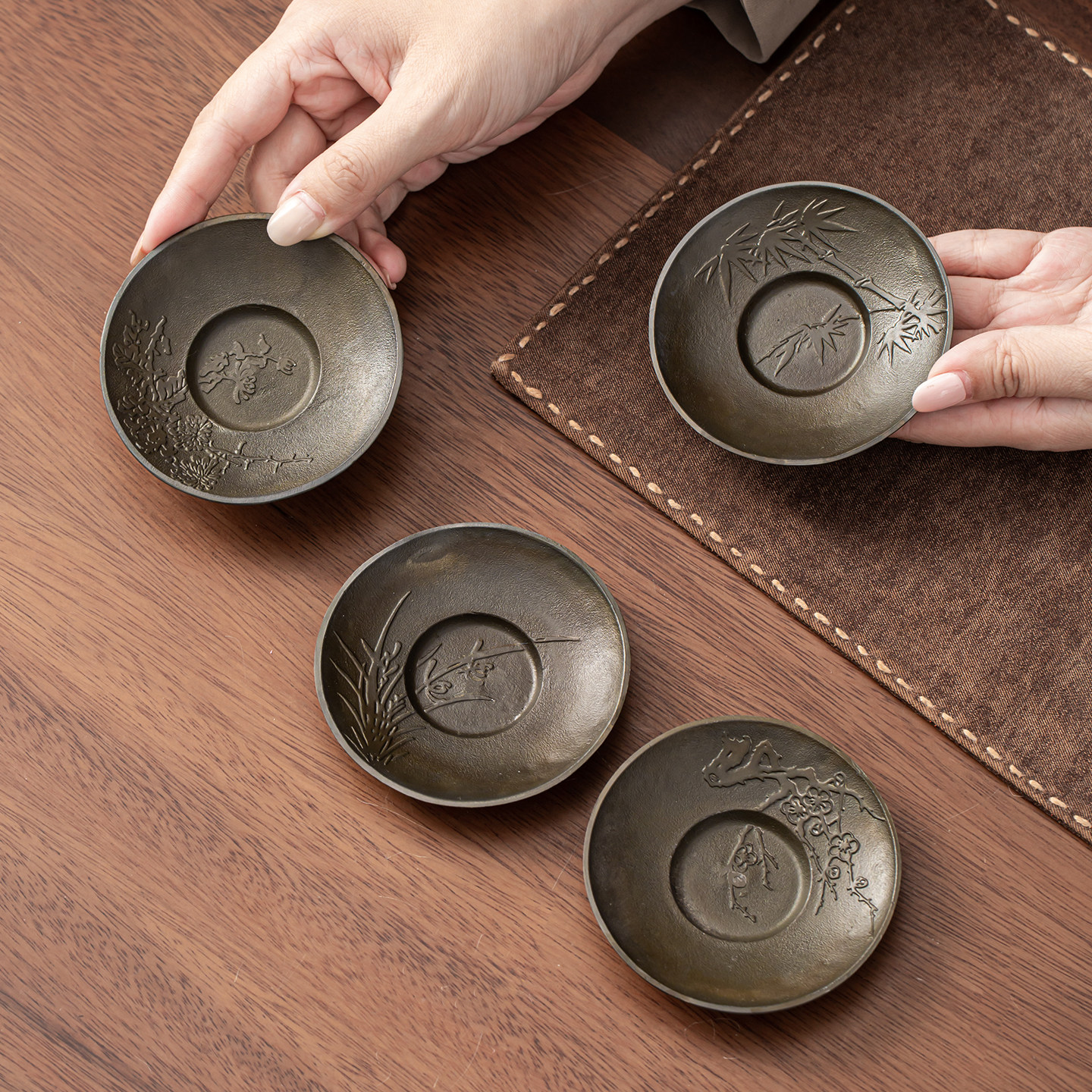 复古老锡杯垫日式茶杯托防滑隔热做旧纯锡茶道配件茶托金属垫子