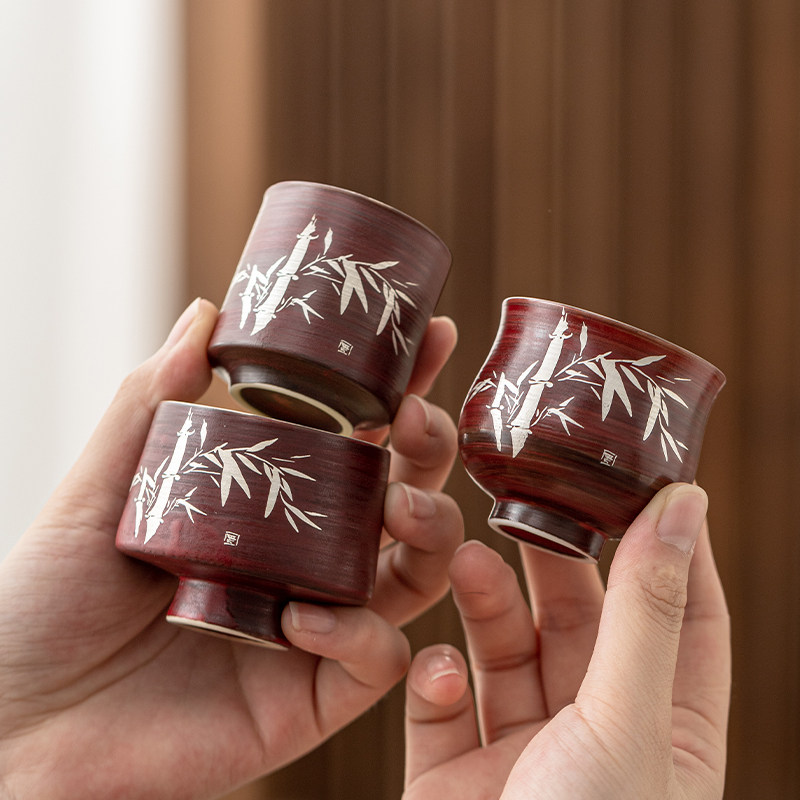 山楂红粉引茶杯陶瓷功夫茶具复古家用主人杯品茗杯简约办公室喝茶