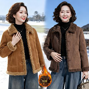 妈妈冬装仿皮草短款外套中老年女秋冬新款加绒加厚皮毛一体大衣