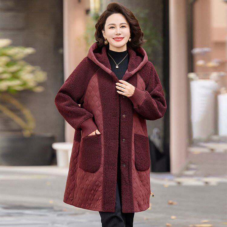 冬季新款妈妈加厚连帽保暖棉服中老年女韩版休闲双面穿中长款大衣
