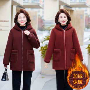 妈妈冬装加绒加厚连帽外套中年女冬季新款颗粒绒保暖大码拉链棉袄
