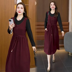 春秋新款长袖轻奢高级感收腰显瘦连衣裙妈妈装拼接假两件中长裙子