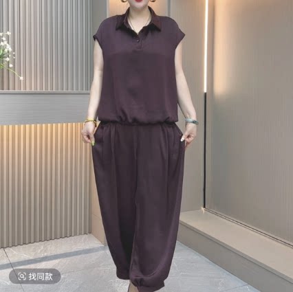 春夏新款时尚休闲宽松百搭提花两件套妈妈装短袖翻领减龄显瘦套装