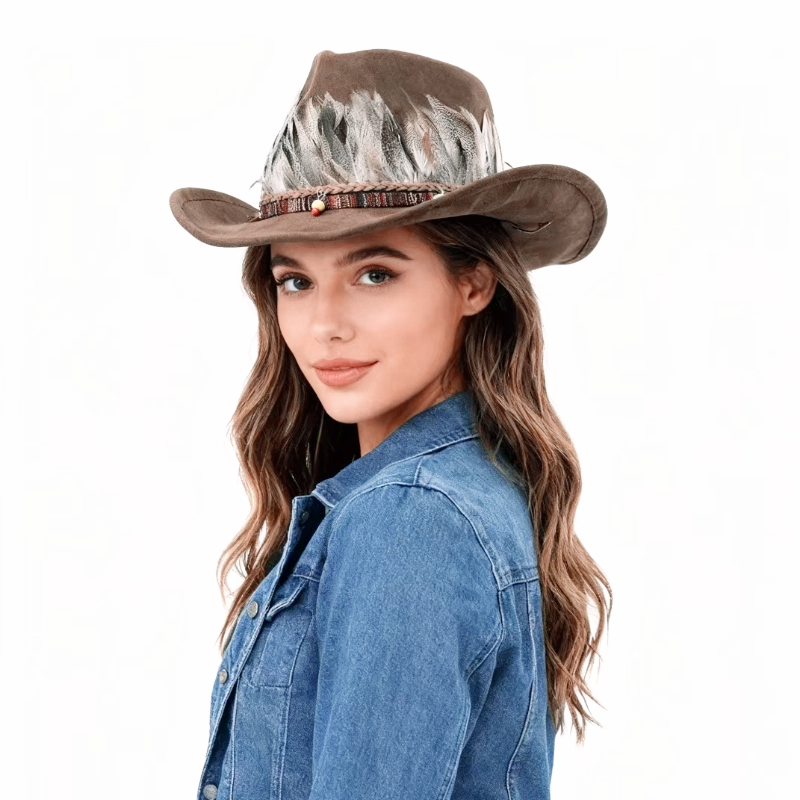 跨境速卖通wish亚马逊ebay麂皮绒男女士羽毛西部大檐牛仔帽礼帽